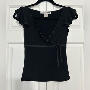 Vintage 90s Necessary Objects Black Flutter-Sleeve Wrap-Style Top Ribbon Tie